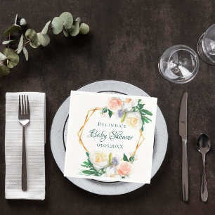 Baby shower blush pink floral geometric monogram napkins