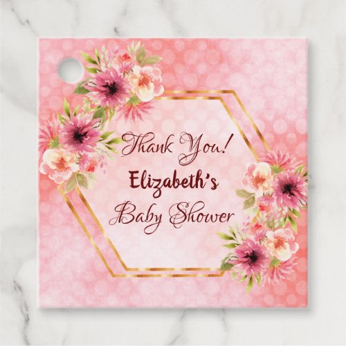 Baby shower blush pink floral gold geometric favor tags