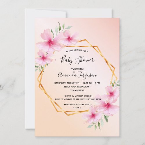 Baby shower blush pink floral gold geometric invitation