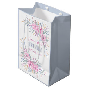Baby Shower Blush Pink Flowers Watercolor Boho Medium Gift Bag