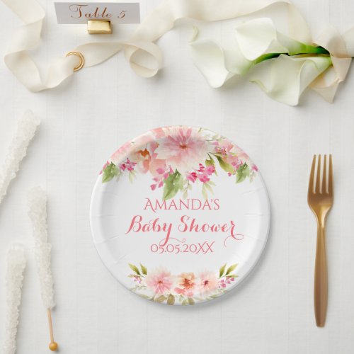 Baby shower blush pink flowers white paper plates