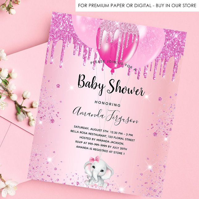 Baby Shower blush pink glitter balloon elephant  Invitation Postcard (Creator Uploaded)