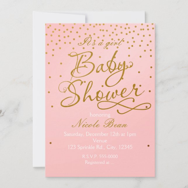 BABY SHOWER Blush Pink & Gold Confetti Invitation (Front)