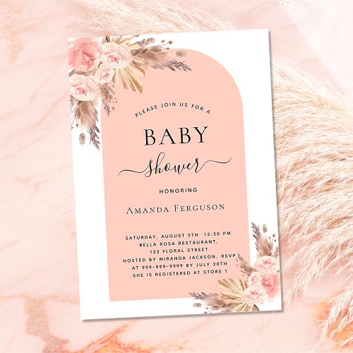 Baby shower blush pink pampas grass rose gold invitation