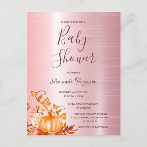 Baby Shower blush pink pumpkin fall invitation Postcard