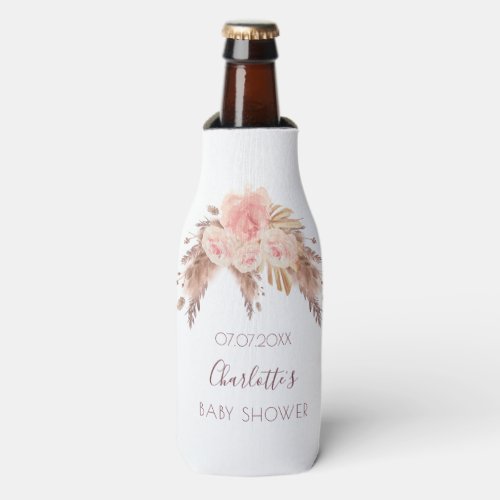 Baby shower blush rose floral pampas grass name bottle cooler