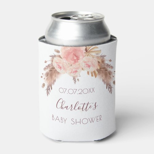 Baby shower blush rose floral pampas grass name can cooler