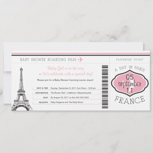 Baby Shower Boarding Pass to Paris Invitation (Front)