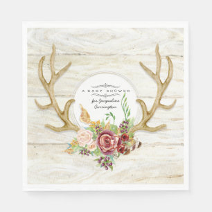 Baby Shower Boho Blush Burgundy Rose Deer Antlers Napkins