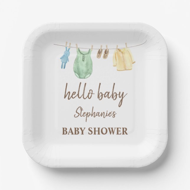 Baby Shower Boho Clothes Line Hello Baby   Paper Plates (Front)