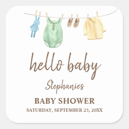 Baby Shower Boho Clothes Line Hello Baby   Square Sticker