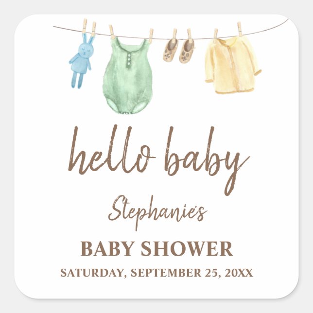 Baby Shower Boho Clothes Line Hello Baby   Square Sticker (Front)