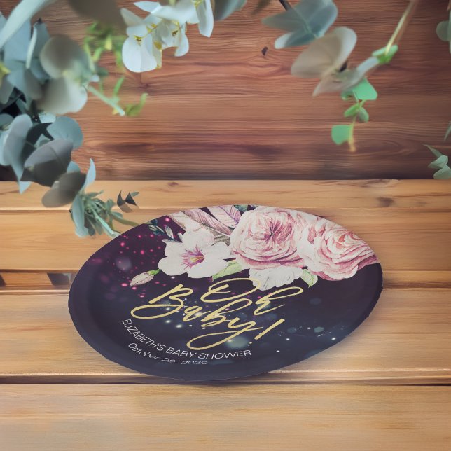Baby Shower Boho Floral Feather Purple Bokeh Light Paper Plates (Creator Uploaded)