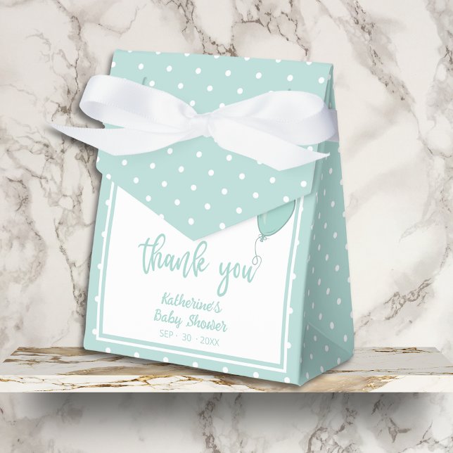 Baby Shower BOHO Gender Neutral Mint Green Favor Boxes (Baby Shower Thank You Favor Box with Bow, Mint Green Polka Dots, Balloon, Mom's Name, Date.)