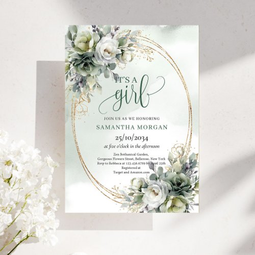 Baby Shower Boho Green Gold It's a Girl Invitation