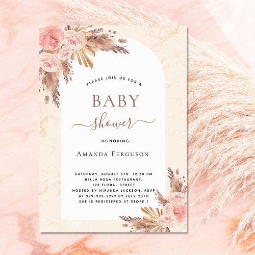 Baby shower boho pampas grass rose gold luxury invitation