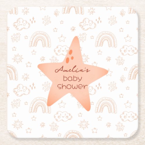 Baby Shower Boho Peachy Weather Square Paper Coaster