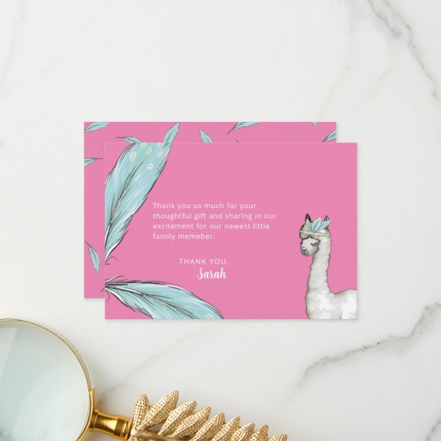 Baby Shower Boho Pink Llama Feather Thank You Note Card (Front/Back In Situ)