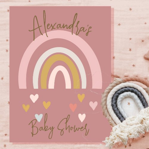 Baby Shower Boho Rainbow Hearts Soft Pink Invitation