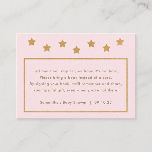 Baby Shower book request blush pink gold stars Enclosure Card