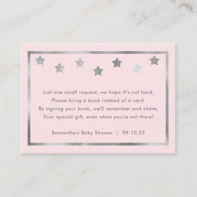 Baby Shower book request, blush pink silver stars Enclosure Card (Front)