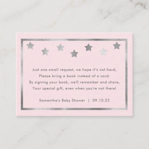 Baby Shower book request blush pink silver stars Enclosure Card