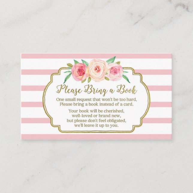 Baby Shower Book Request Card Pink Floral Stripes (Front)