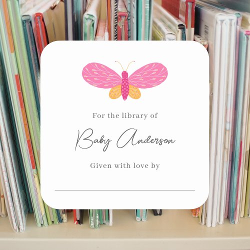 Baby shower bookplate pink butterfly