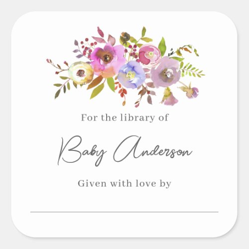 Baby shower bookplate pink watercolor floral