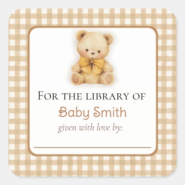 Baby Shower Bookplate Sticker Plush Teddy Bear (Front)