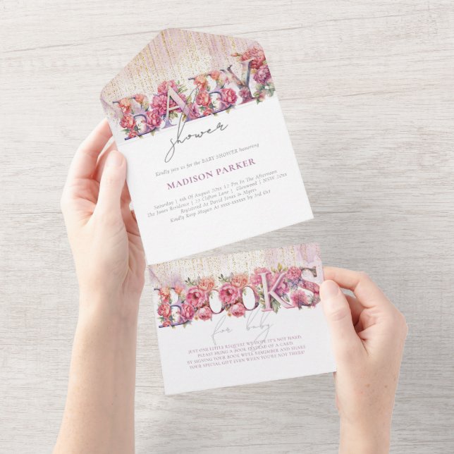 Baby Shower & Books for Baby Floral Pink Gold  All In One Invitation (Tearaway)
