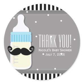 Baby Shower Bottle & Mustache Modern Favor Classic Round Sticker