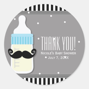 Baby Shower Bottle & Mustache Modern Favor Classic Round Sticker
