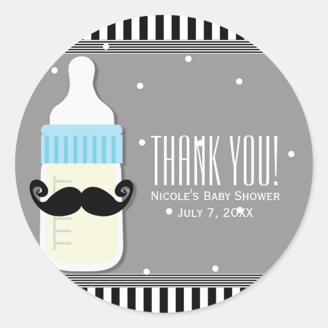 Baby Shower Bottle & Mustache Modern Favor Classic Round Sticker (Front)