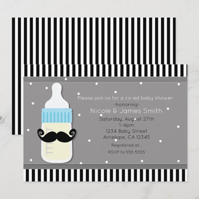 Baby Shower Bottle & Mustache Modern Invitation (Front/Back)