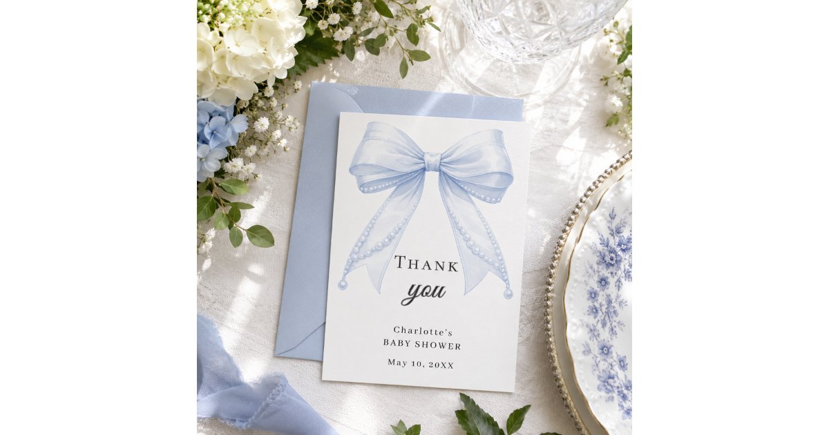 Baby Shower bow blue pearls elegant Thank You Card | Zazzle