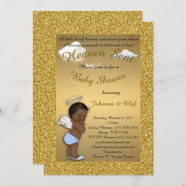 Baby Shower Boy, Afro American,Baby Angel,Gold Invitation (Front/Back)