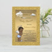 Baby Shower Boy, Afro American,Baby Angel,Gold Invitation (Standing Front)