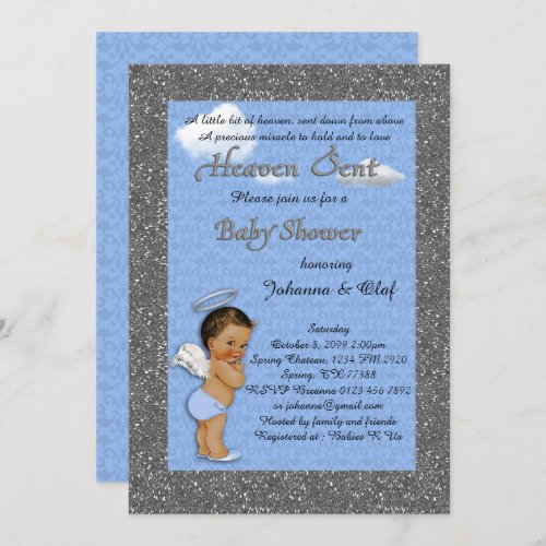 Baby Shower Boy Baby AngelBlue glitter silver Invitation