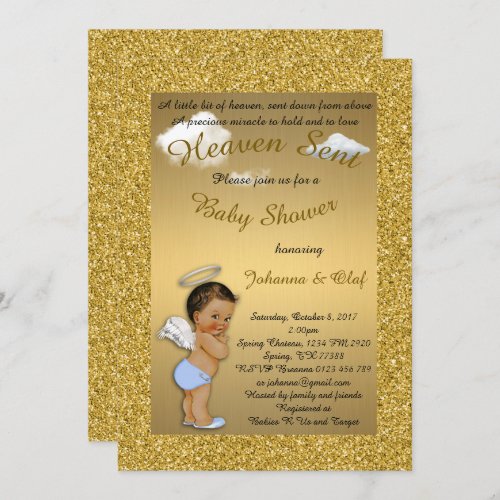 Baby Shower Boy Baby Angel glitter Gold braket Invitation