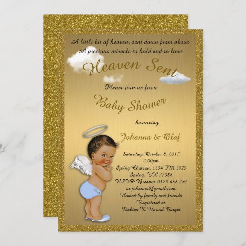 Baby Shower Boy Baby Angel glitter Gold Invitation