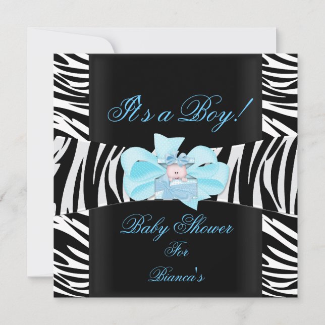 Baby Shower Boy Baby Blue Black White Zebra Print Invitation (Front)