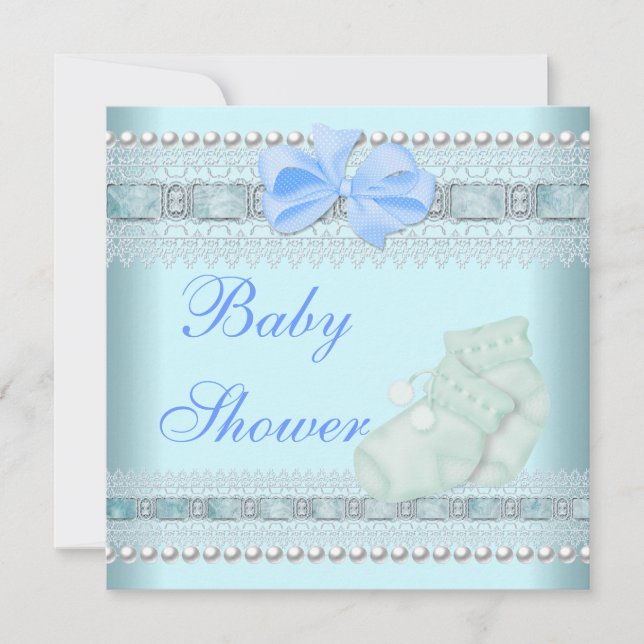 Baby Shower Boy Baby Blue Booties Pearl Lace Invitation (Front)