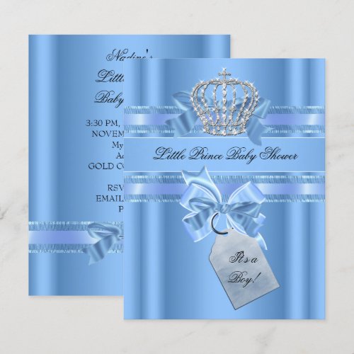 Baby Shower Boy Baby Blue Little Prince Crown Bow Custom Invitation