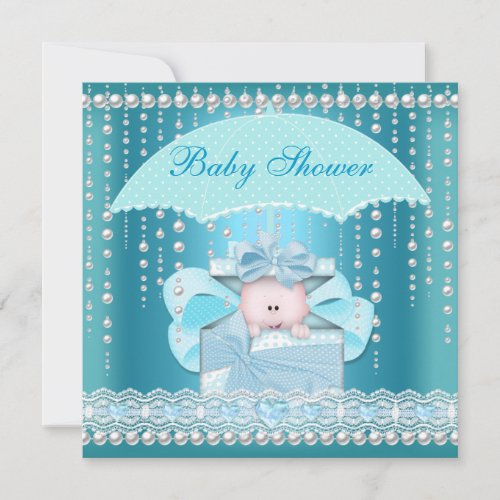 Baby Shower Boy Baby Blue Pearl Umbrella Invite
