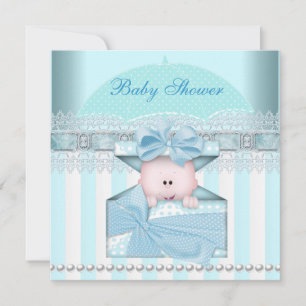 Baby Shower Boy Baby Blue Teal Umbrella Stripe Invitation