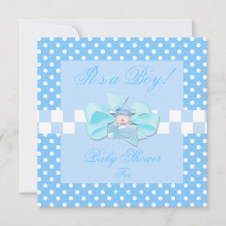 Baby Shower Boy Baby Blue White Polka Dots Check Invitation