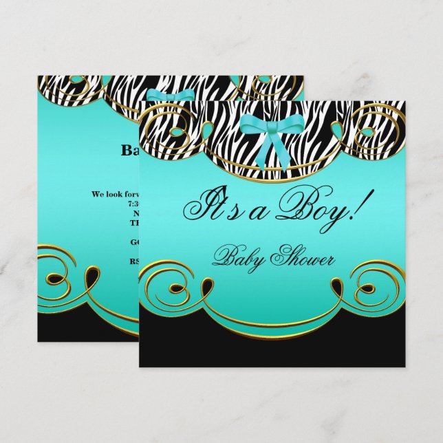 Baby Shower Boy Baby Teal Blue Black Zebra Invitation (Front/Back)