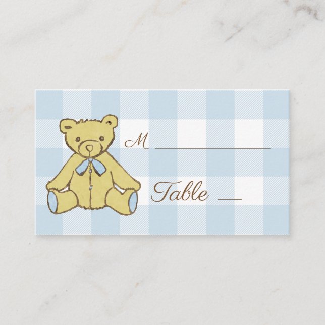 Baby Shower Boy Bear Blue White Plaid  Place Card (Front)