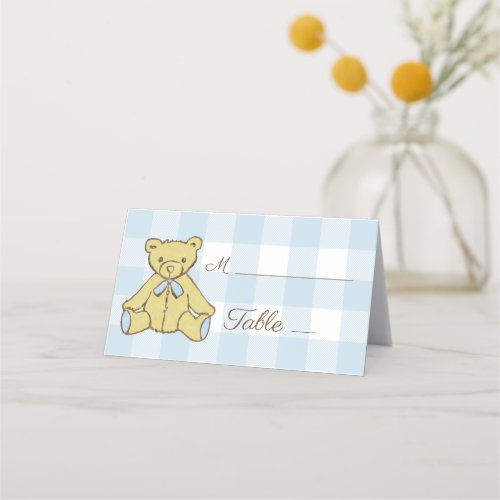 Baby Shower Boy Bear Blue White Plaid Place Card